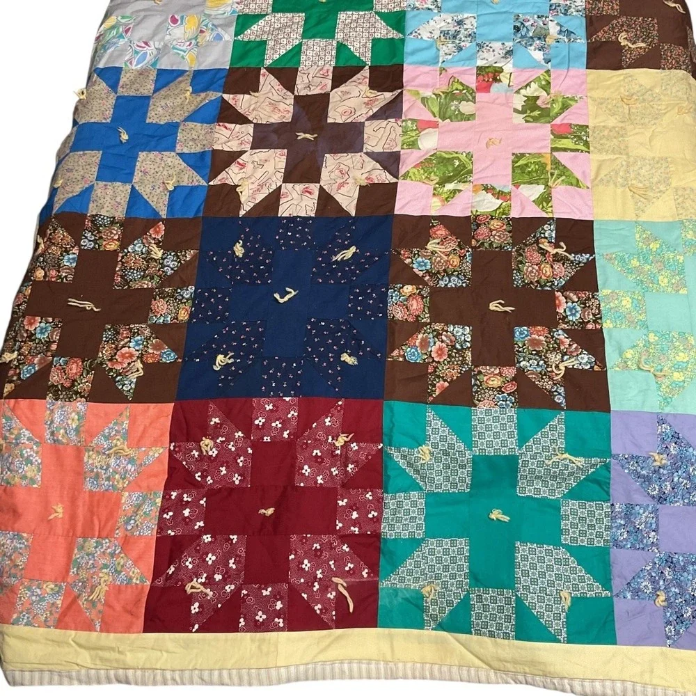 Vintage Handmade‎ Bears Paw Patchwork Quilt 1940s-1950s Cotton Hand-Tied Full Sz